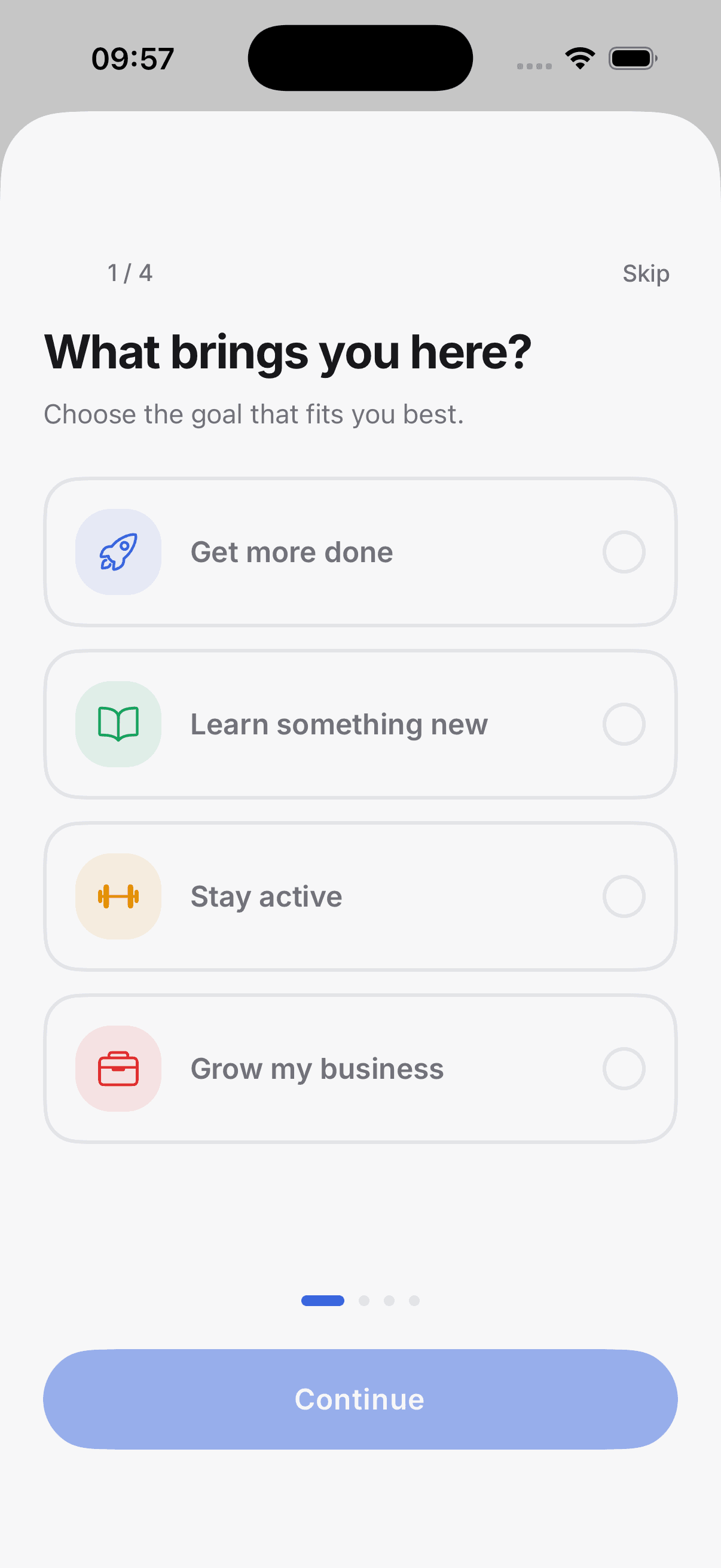 Starter Kit onboarding flow asking what brings you here