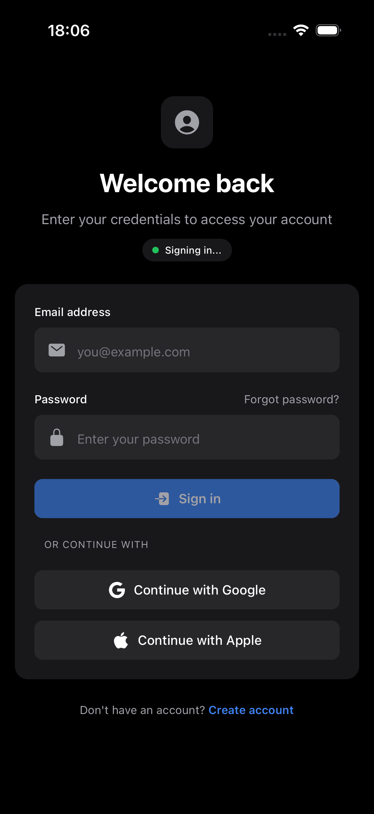 Mobile App Sign In Screen - Dark Mode